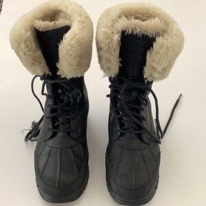 Lauren Ralph Lauren Women's Black Leather Faux Fur-Lined Lace Up Winter Boots